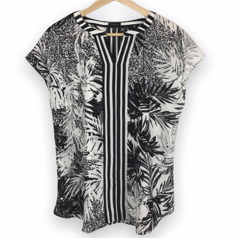 Talbots Black & White Tropical Palm Leaf Print Split V-Neck Blouse Top Shirt M - Picture 1 of 7